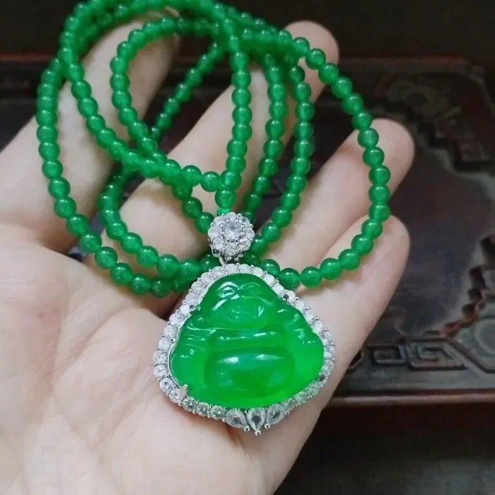 Authentic Green Jade Laughing Buddha Pendant Necklace, Silver Plated CZ Wrapped Buddha Charm with Green Bead Chain