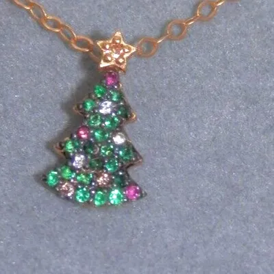 Authentic FAS 925 Sterling Gold Plated Crystal Christmas Tree Necklace • 18" Dainty Thai