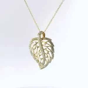 Authentic Harvest Serenity: Sterling Silver 925 Gold Plated Leaf Pendant with Diamond Accent
