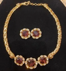 Authentic Vintage Christian Dior Gold Plated Amethyst Crystal Necklace and Earrings Set