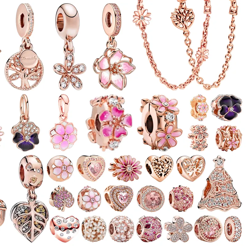 Authentic Sparkling Rose Gold Pink Flowers Daisy Spacer Clip Family Tree Cherry Blossom Charm Beads Fit Original Bracelet DIY Jewelry
