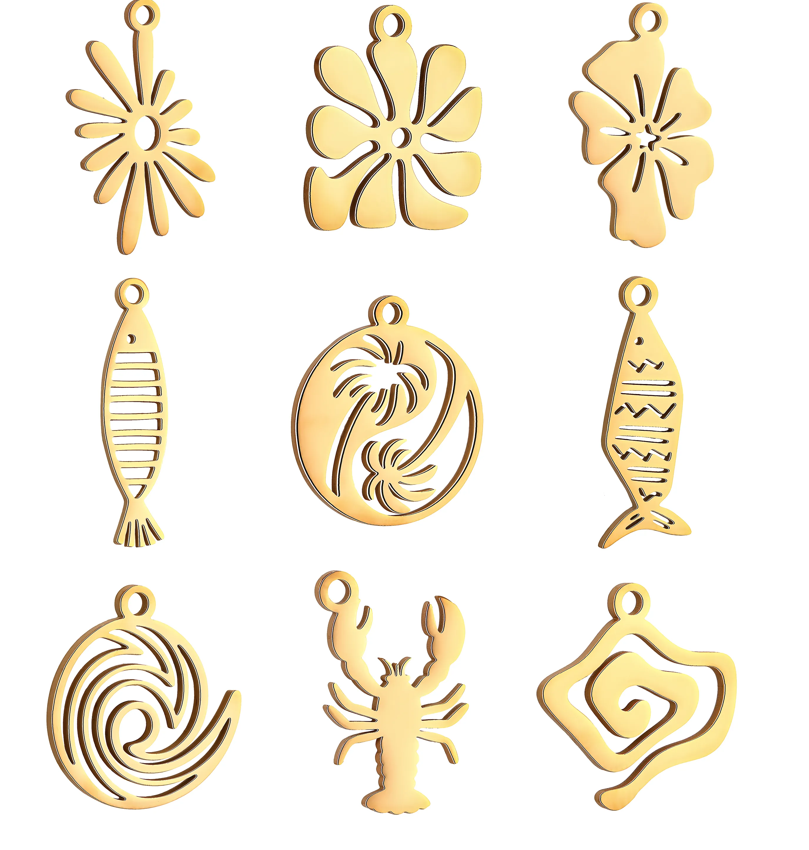 Authentic 5PCS Real Gold Plated Cute Fish Coconut Tree Flower Sun Sea Wave Charms For Jewelry Making Supplie charm Pendant