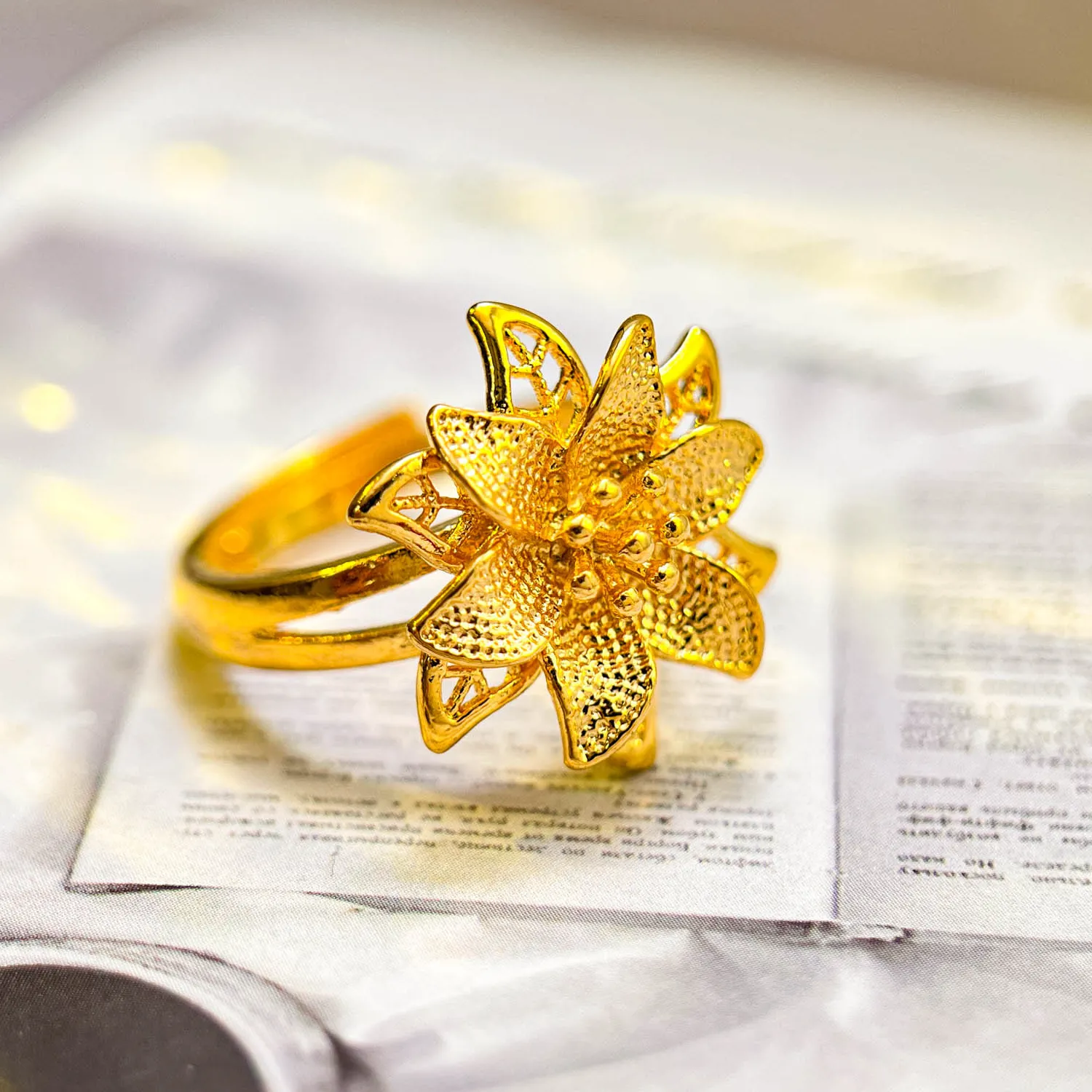 Authentic 9999 24K Real Gold S Flower Ring, Exquisite And Sweet Open Ring, Holiday Jewelry