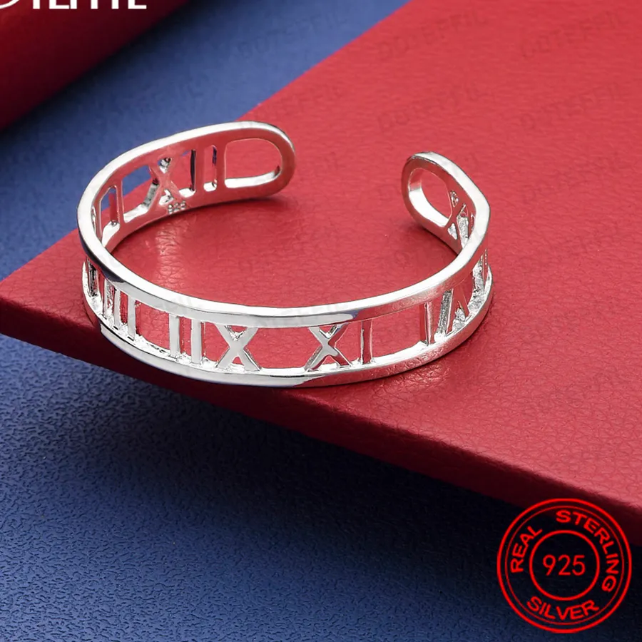 Authentic 925 Sterling Silver Roman Numerals Bangle Bracelet For Woman Man Jewelry