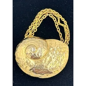 Authentic Yves Saint Laurent Vintage 1980s Gold Plated Snail Swirl Brooch Pendant