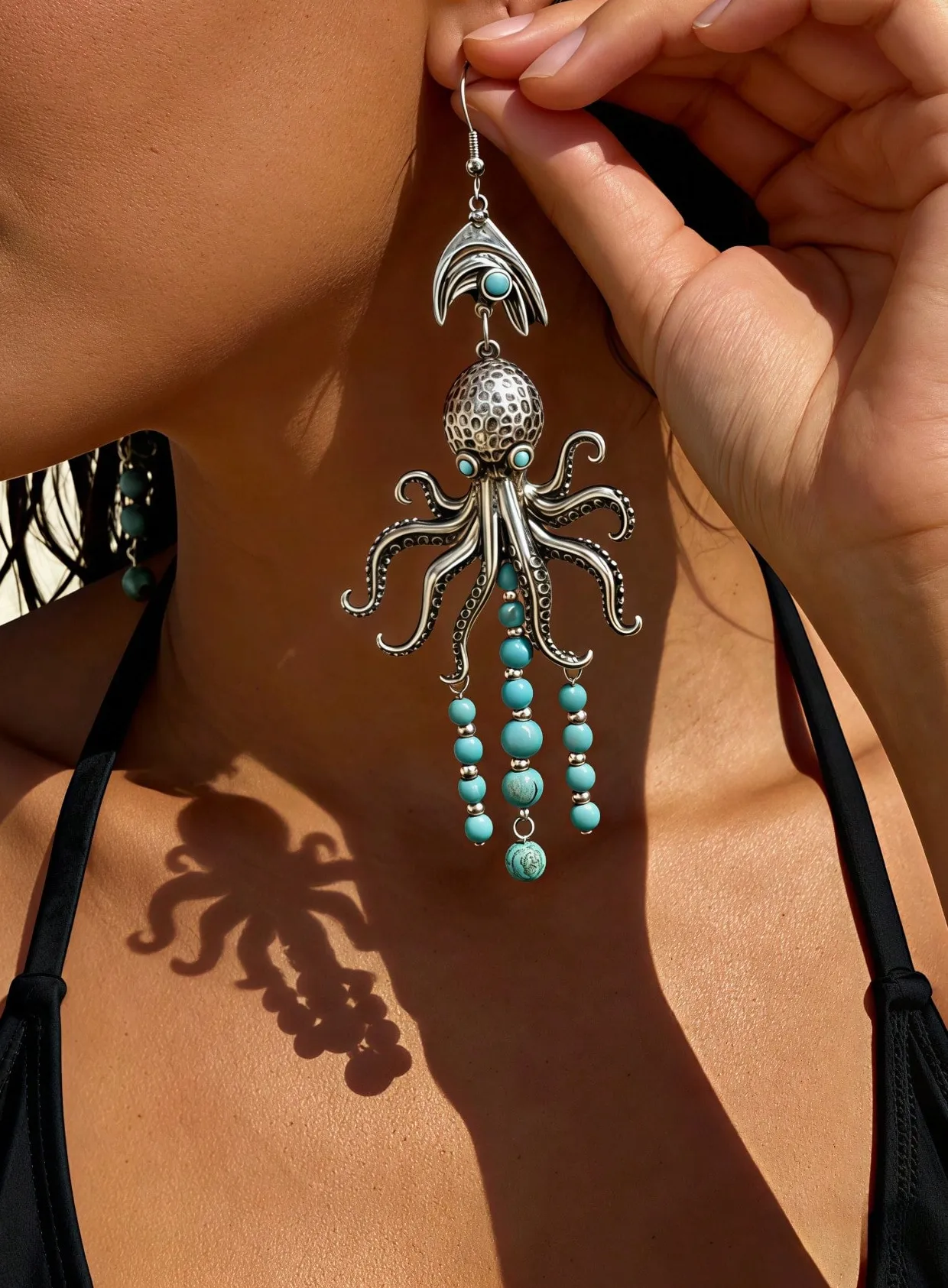 Authentic Women's Beach Vacation Ocean Life Earrings European Style Octopus + Bead Pendant Unique Long Drop Earrings