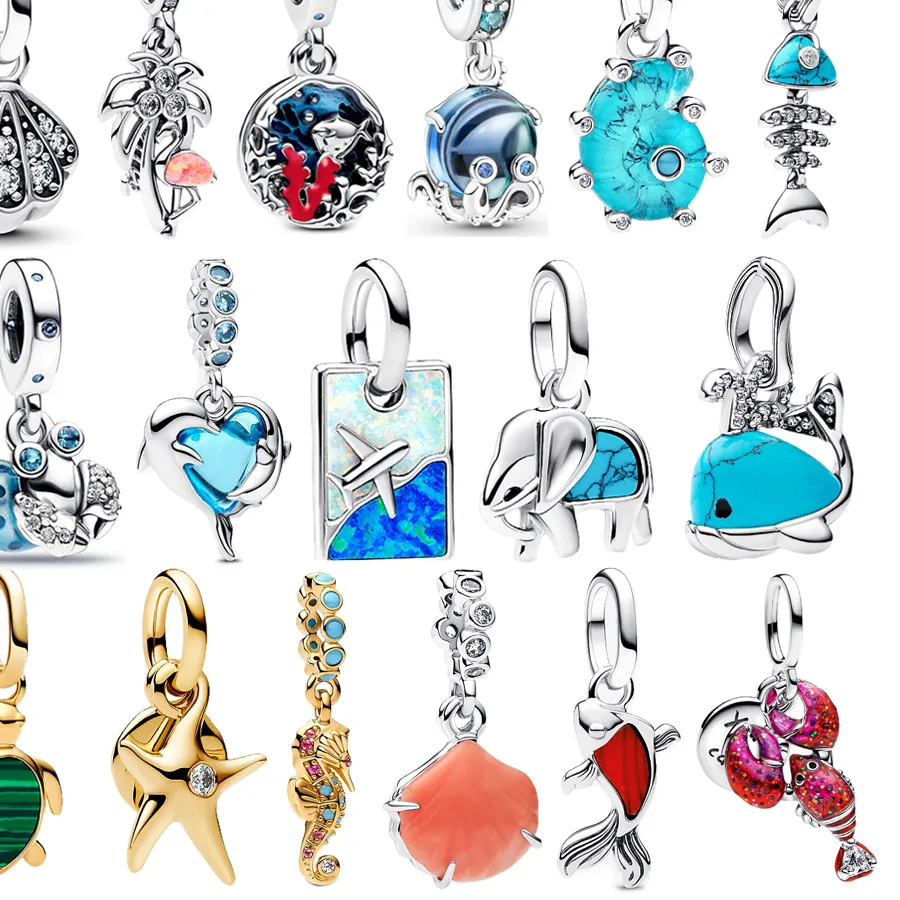 925 Sterling Silver Blue Octopus Snail Whale Dolphin&Golden Seahorse Starfish&Fish&Lobster Dangle Fit Brand Bracelet Jewel
