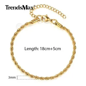 Authentic 2/3/4/5MM Gold Plated Stainless Steel Rope Chain Bracelet Anklet Men Women 7-10"