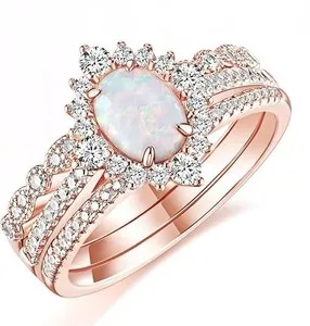 Authentic Oval Cut Lab Created Fire Opal Bridal 3Pcs Set Wedding Ring 14K Rose Gold Plated