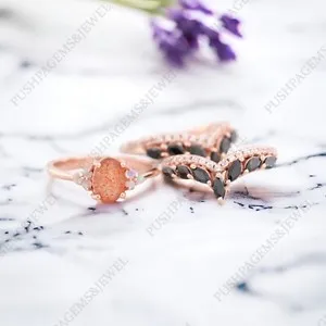 Authentic Radiant Solar Resonance 925 Sterling Silver Sunstone Trio Ring Set