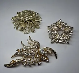 Authentic 3pcs Set Stunning Vintage Rhinestone &Crystal Gold Plated Brooches