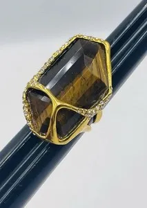 Authentic Alexis Bittar Gold Plated Large Tiger's Eye & Crystal Rhinestone Cocktail Ring