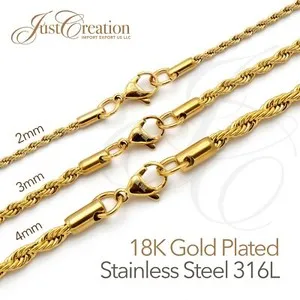 Authentic Gold Plated 18K, 316L 2mm 3mm 4mm Rope Chain Necklace 14in-30in