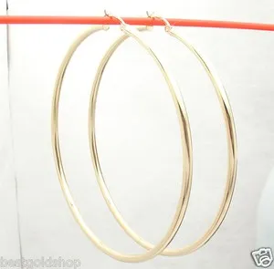 Authentic 2 3/4" Technibond Plain Round Hoop Earrings 14K Yellow Gold Plated 925 Silver  