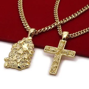 Authentic Men's 14k Gold Plated High 2 pc Nugget & Cross 3mm 30" & 24" Cuban Chain
