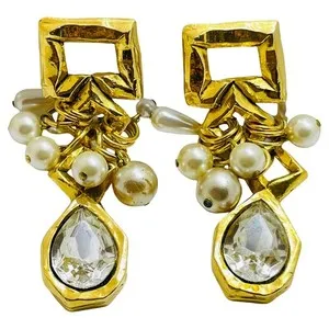 Authentic Lumière de Paris Vintage Gilded Pearl Dangle Talisman Earrings