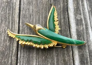 Authentic Vintage Rare Enamel French Malachite Metal Gold Plated Bird Pin Brooch
