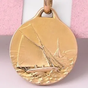 Authentic Antique Art Deco French Sail Boat Yellow Gold Plated Raised Relief Charm Pendant