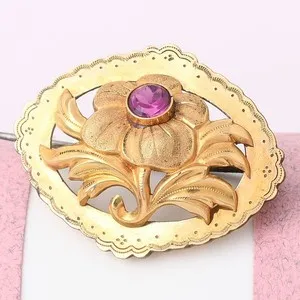 Authentic Antique Victorian French Poppy Flower Gold Plated Red Paste Repousse Brooch Pin