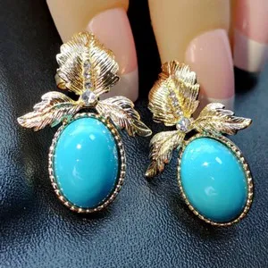Authentic Gilded Leaf and Turquoise Earrings of the Verdant Horizon