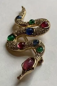 Authentic EXQUISITE CHRISTIAN DIOR SNAKE BROOCH GOLD PLATED WITH MULTI COLOURED CABICHONS