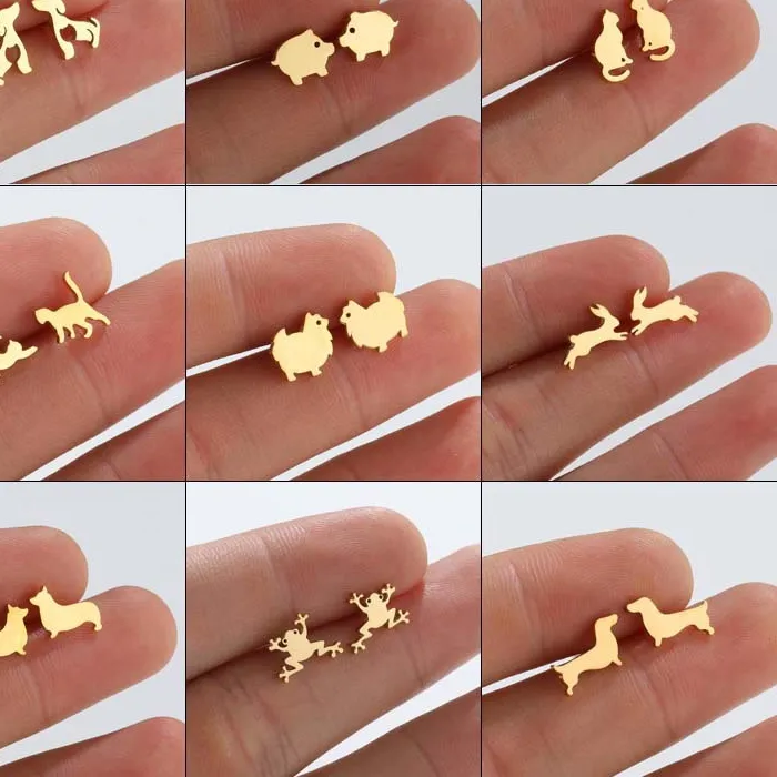 Authentic Multiple Pig Dog Cat Wolf Stud Earrings Women Rabbit Dinosaur Tooth Frog Earings Pierced Jewelry Snail Oorbellen