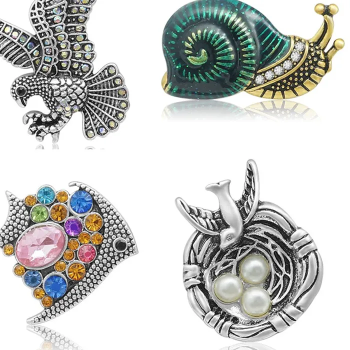 Authentic Lovely animals Fish Birds Eagle snail rhinestone metal 18MM snap buttons fit 18mm snap bracelet snap jewelry