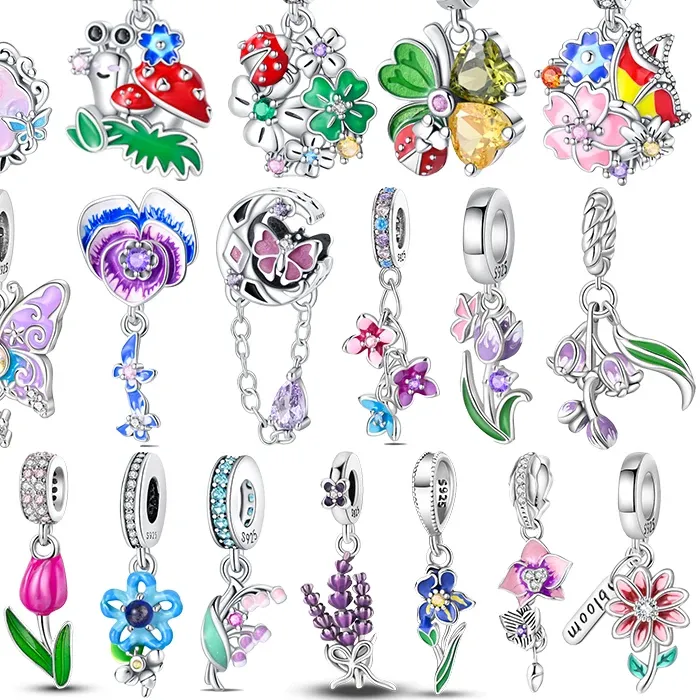 Authentic 925 Sterling Silver Flowers Butterfly Creative Garden Mushroom Snail Charms Beads Fit Original Bracelets DIY Jewelry