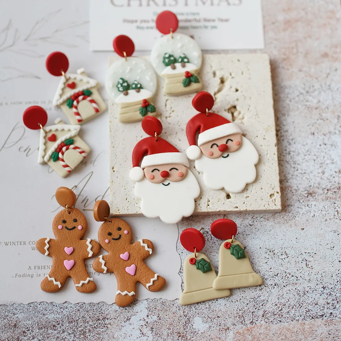 Authentic Assorted Christmas Theme Polymer Clay Earrings 3D Snow Globe Bell Holiday Drop Handmade Lightweight Festive Jewelry Set Santa