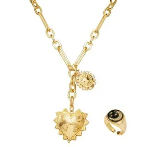 Authentic Gold Plated Paperclip Chain Necklace, Heart and Sun Pendant Necklace with Moon S