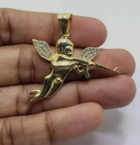 Authentic Celestial Halo Angel Charm Pendant in 14K Yellow Gold Finish