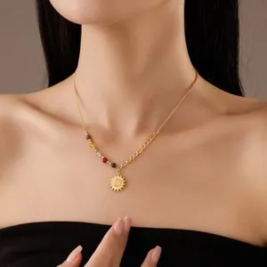 Authentic 14K Gold Plated Necklace Elegant Sun Pendant Necklaces with Colorful Beads