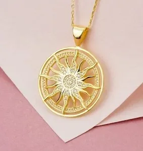 Authentic Sunburst Sun Pendant In 14K Yellow Gold Plated 1Ct Round Cut Simulated Diamond