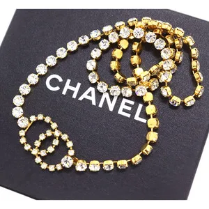 Authentic CHANEL Used Belt CC Logos Rhinestone Necklace Gold Plated 96P Vintage #CK417 S