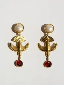 Authentic The Gilded Swallow: Vintage 1990s 24K Gold-Plated Swallow Pearl Red Gripoix Earrings