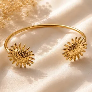 Authentic Sun Gold Plated Metal Cuff Bracelet Adjustable No Stone Sunburst