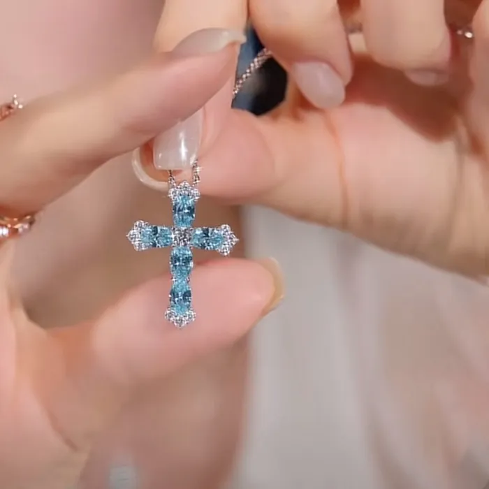 Authentic French-style summer versatile sea-blue diamond cross necklace with Santorini blue full-diamond pendant - Women's jewelry