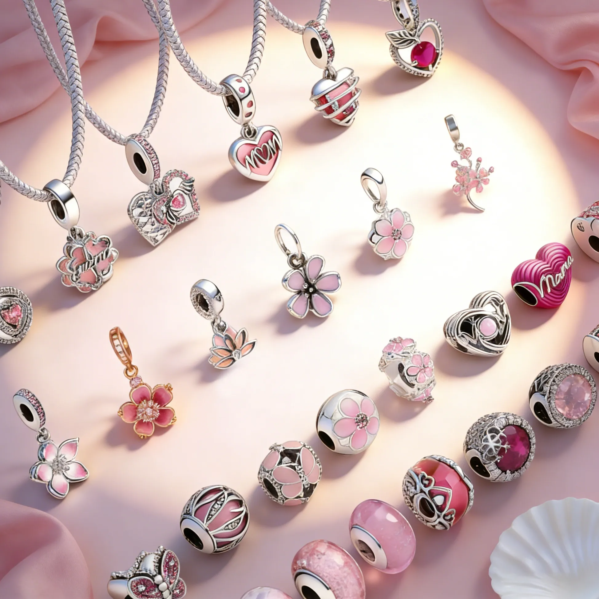 Authentic Sparkling Double Halo Mom Heart Pink Cherry Blossoms Pendant Beads Fit Original Bracelet Necklace For Diy Jewelry
