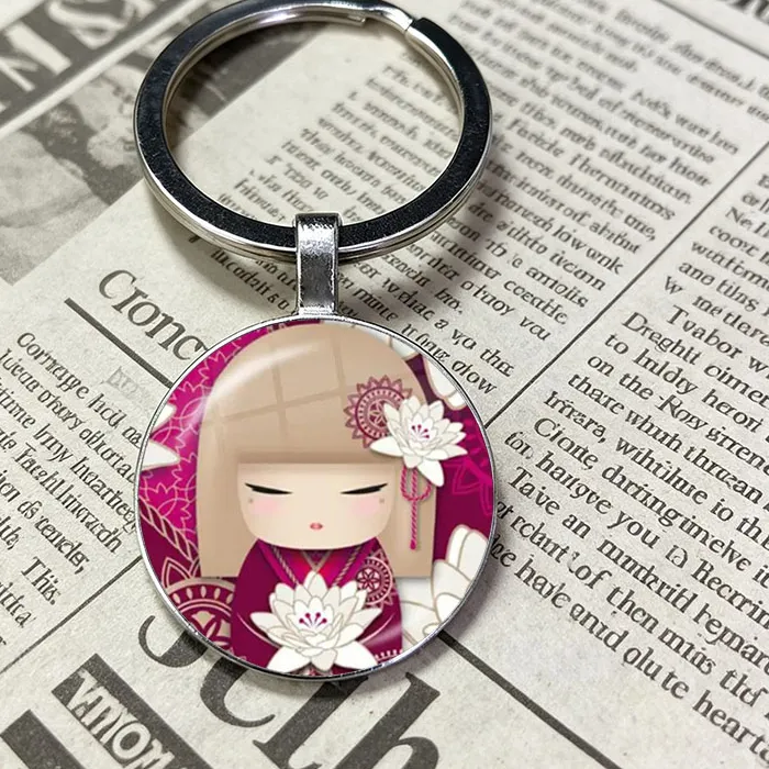 Authentic Cute Japanese Girl Face Printed Glass Dome Keychain Pendants Sweet For Teen Girls Ladies