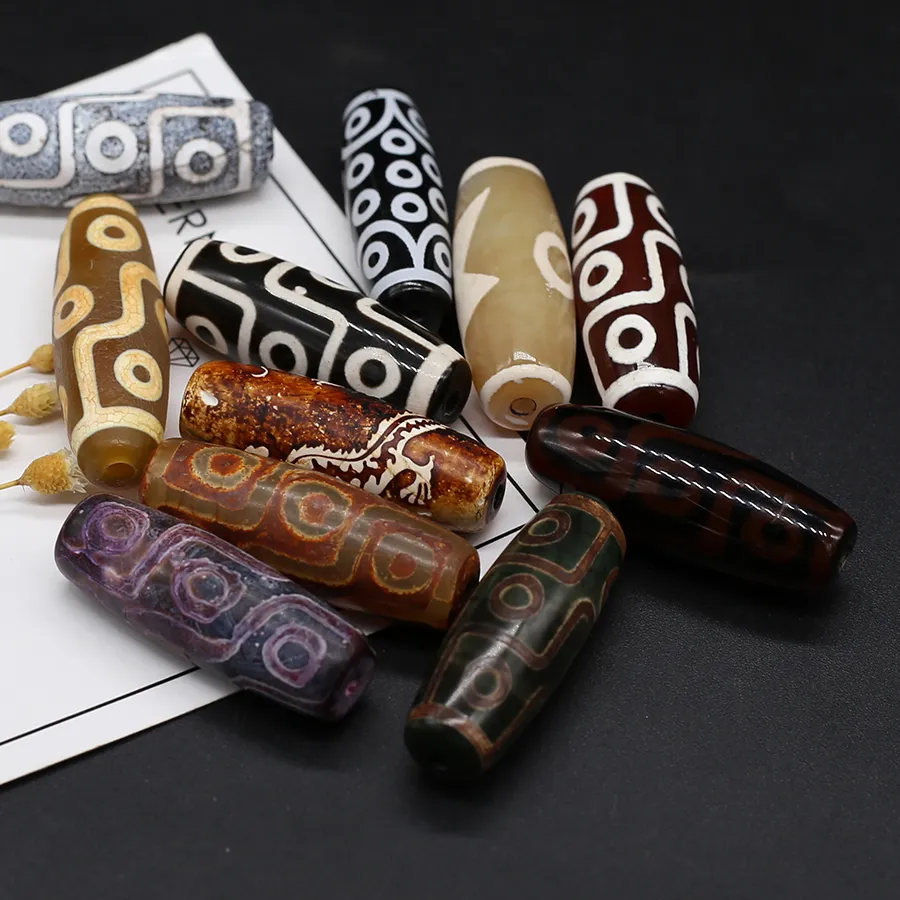 Authentic Natural Stone Pendant Long Cylindrical Dzi Bead Chalcedony Charms For Jewelry Diy Necklace Bracelet Accessories Making 14X40Mm