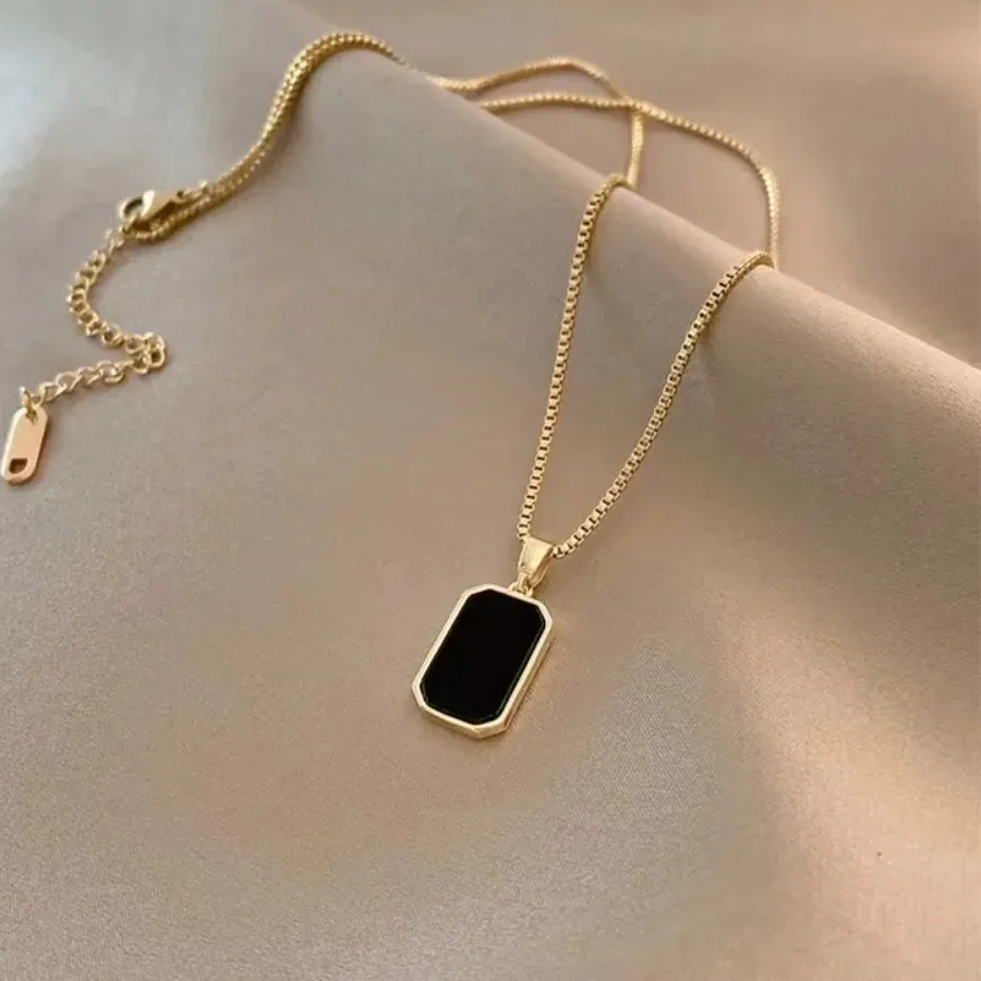 Authentic Geometric Double- Sided Letter Square Necklace Black Natural Gemstone Pendant Jewelry