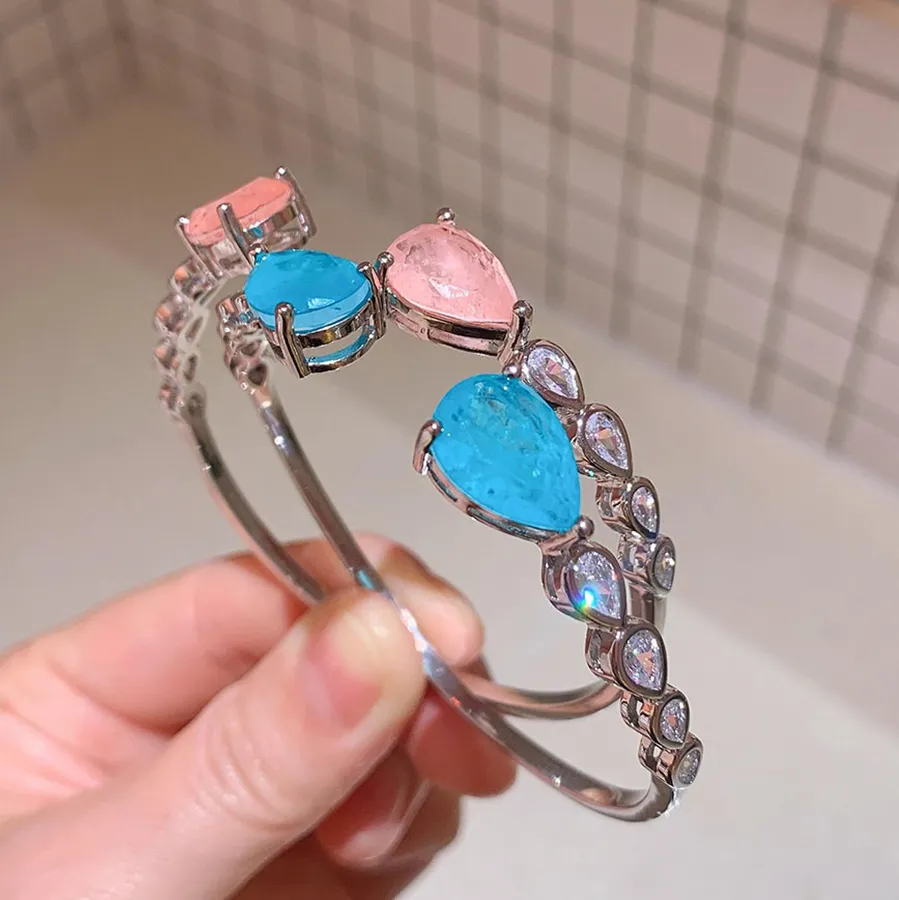 Authentic 2021 Arrival 10*18mm Pink Crystal Paraiba Tourmaline Gemstone Bracelet Wedding Engagement Women's Bangle Party Fine Jewelry
