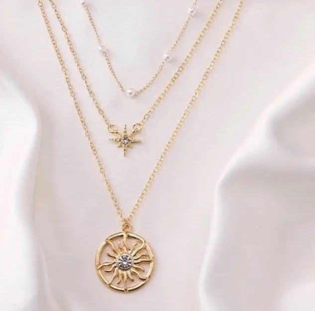 Authentic 14k Heavy Gold Plated Sun Star Layered Necklace Set