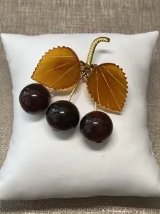 Authentic Vintage Soviet Baltic Amber Cherry Brooch Gold Plated USSR Pin UV Reactive