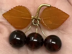 Authentic Vintage Gold Plated Marked Russian Honey & Congac Amber Cherry Brooch