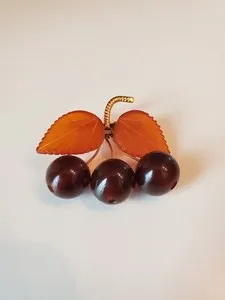 Authentic Vintage Gold Plated Marked Russian Honey & Congac Amber Cherry Brooch