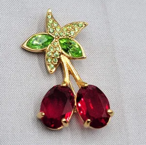 Authentic Vintage Swarovski Cherry Brooch Lead Crystal Gold Plated 1 7/8"