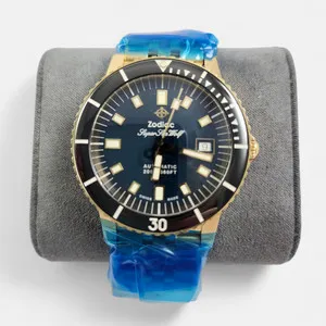 Authentic Zodiac Compression Diver 18k Gold Plated Blue Dial Automatic Watch ZO9308