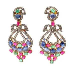 Authentic Sterling Silver Yellow Gold Plated Blue Sapphire-Ruby-Emerald-Diamond Chandelier
