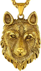 Authentic 18k Gold Plated Wolf Head Necklace for Men Viking Nordic Jewelry